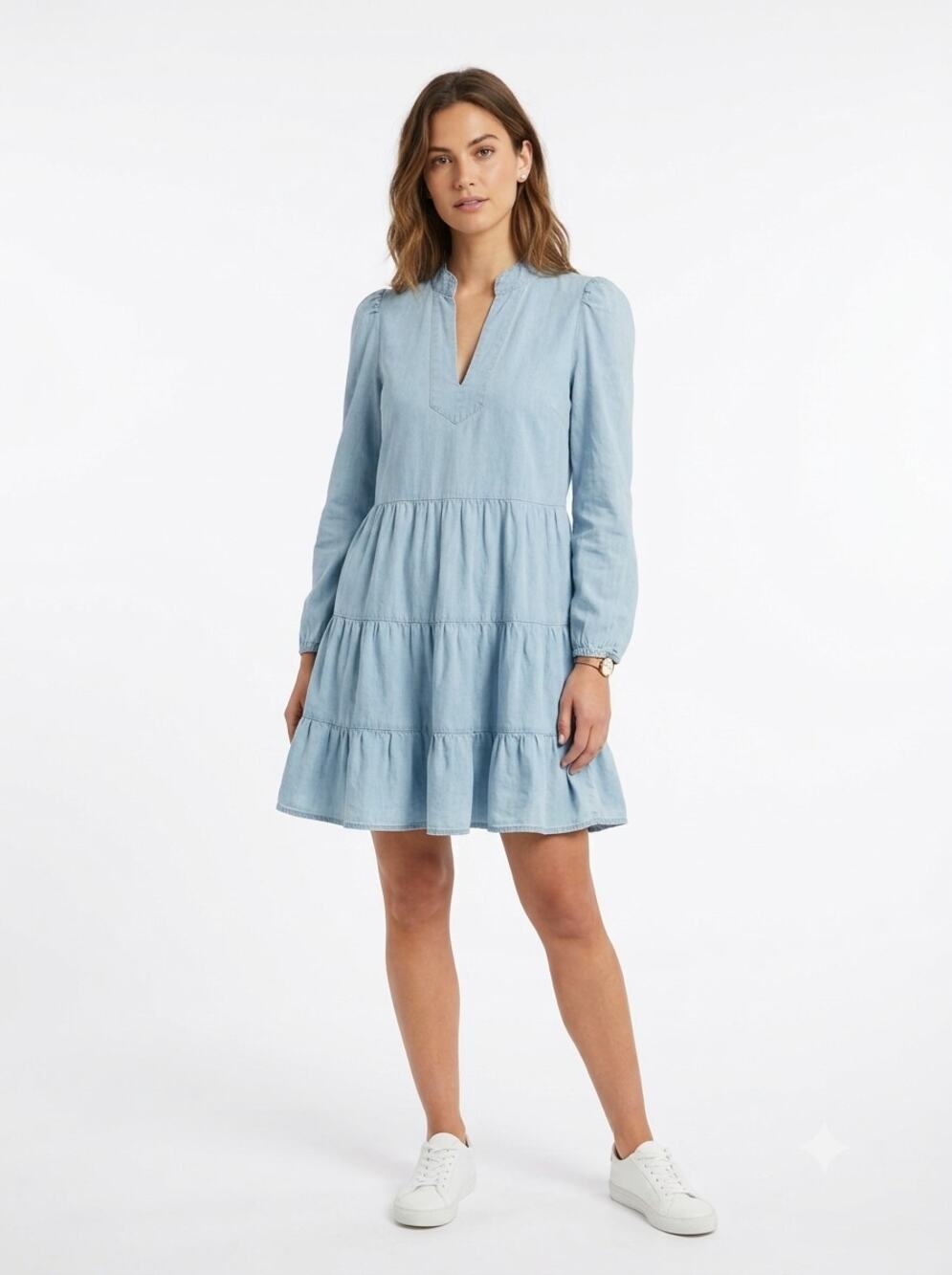 STS Sail to Sable Mini Dress Women's M Light Blue Chambray Tiered Long Sleeve